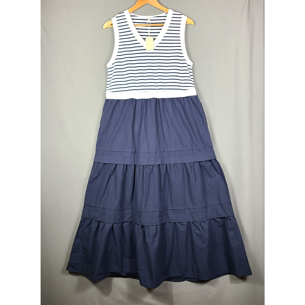 NWT Jodifl Blue White Striped Full Tiered Dress Nautical Coastal Preppy Size M